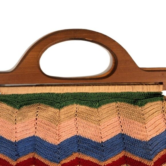 Vintage Boho Hand Crocheted Tote Purse Bag With Wood Handles 12"x12" Excellent - Picture 5 of 5